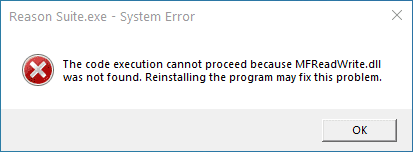 The code execution cannot proceed because MFReadWrite.dll was not found. Reinstalling the program may fix this problem